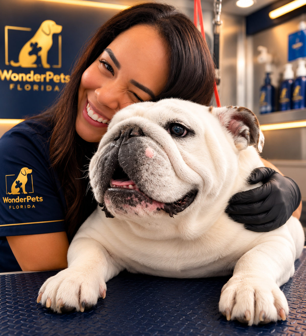Wonder Pets groomer embracing a happy English Bulldog after a spa session