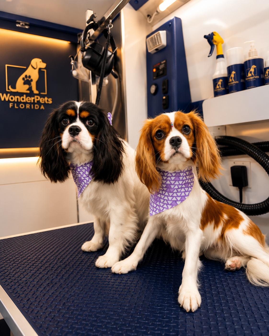 Two Cavalier King Charles Spaniels with matching bandanas after grooming