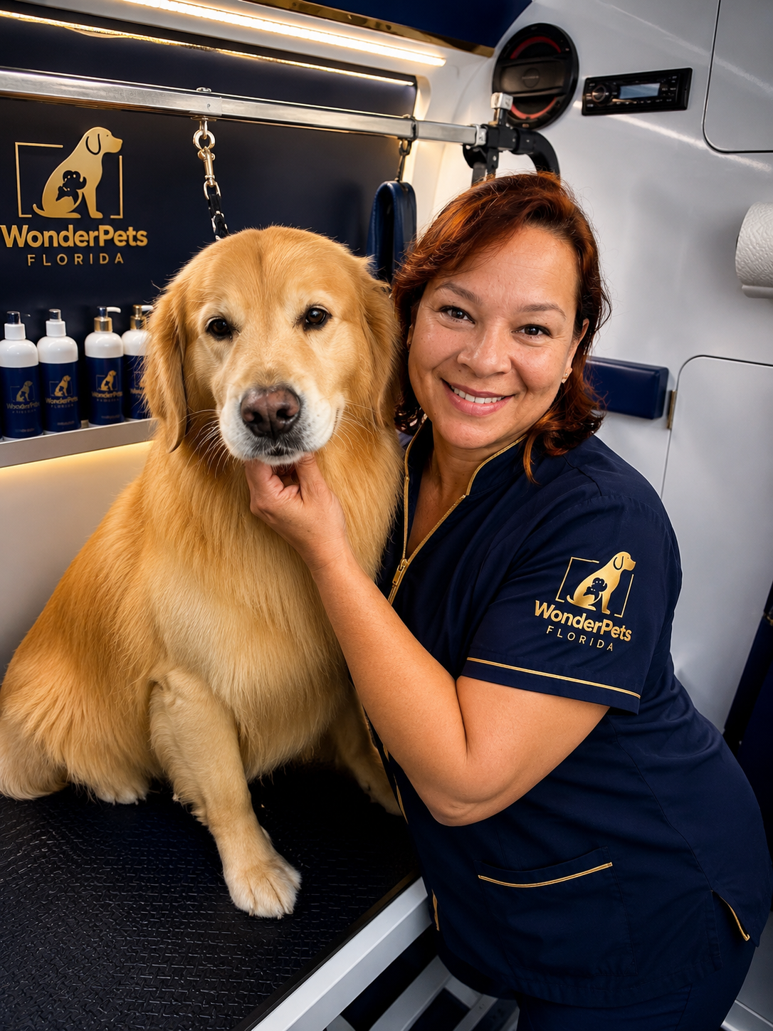 Wonder Pets groomer with a happy Golden Retriever inside the mobile grooming van