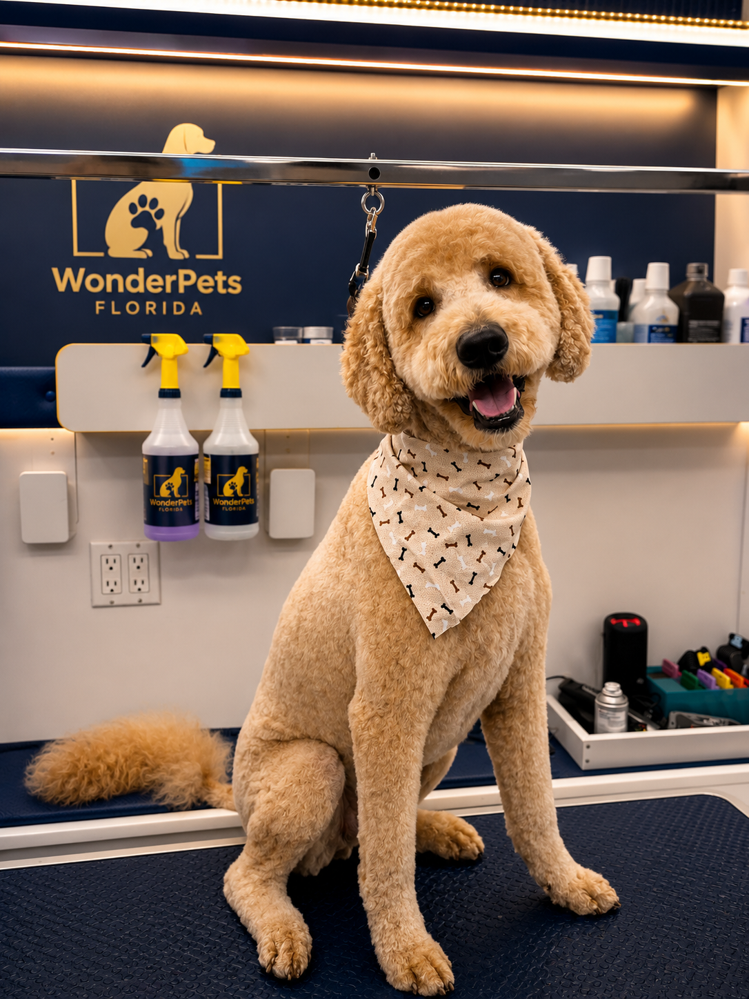 Freshly groomed Goldendoodle with a bandana inside the Wonder Pets mobile spa