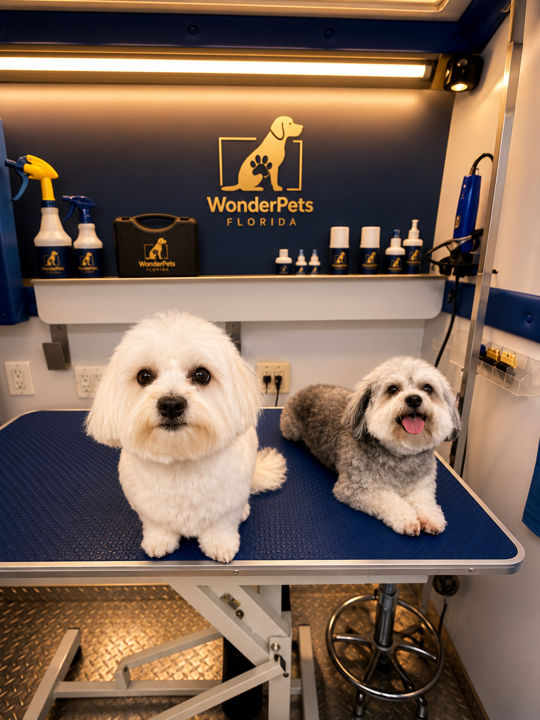 A Maltese and a Cockapoo freshly groomed on the spa table