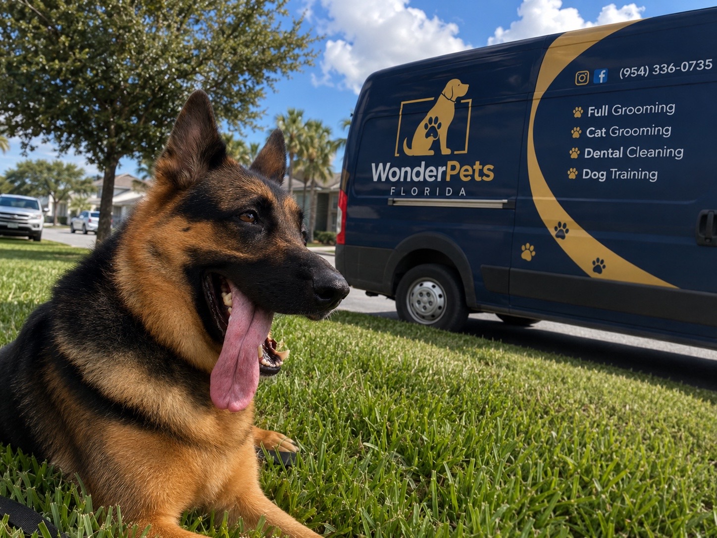 German Shepherd resting on the lawn beside the Wonder Pets Florida luxury grooming van